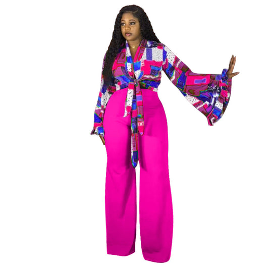 ac48306692b14bbc3aafde9b3d732f2f Plus-size Printed Flared-sleeve Top And Wide-leg Pants Two-piece Set