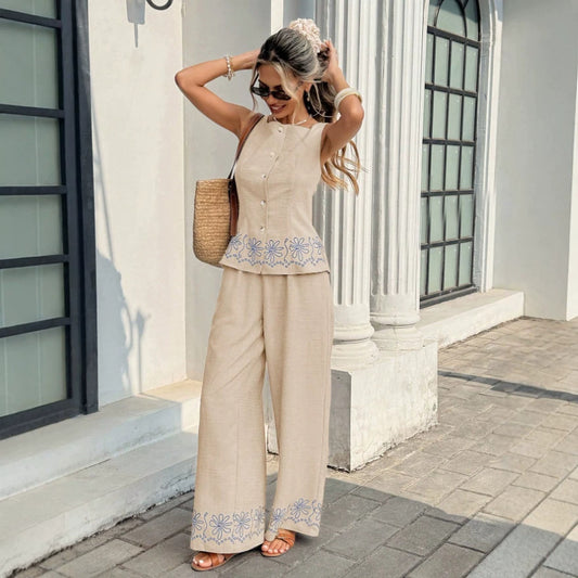8728d1fe6d961a543bd81b20d09b4d81 Printed Sleeveless Vest Wide-leg Pants Two-piece Set