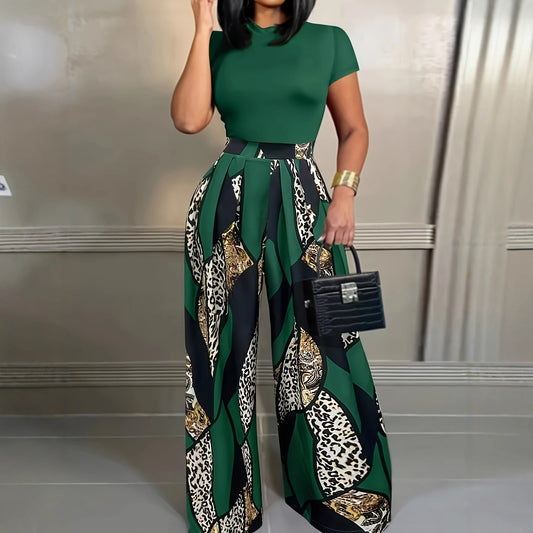7a12bfd506b5c59836625ad5c3eb6c18 European Slim-Fit T-Shirt & Printed Wide-Leg Pants Set