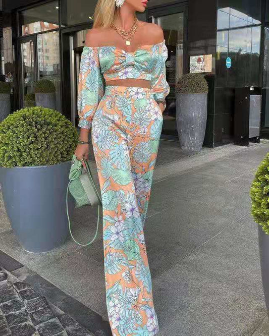 490dcb17631c61e55521ef895ce02492 Fashion Printed One-shoulder Long-sleeved Wide-leg Pants Suit