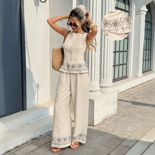 295676bab91e371c062a44abcbd5b50f Printed Sleeveless Vest Wide-leg Pants Two-piece Set